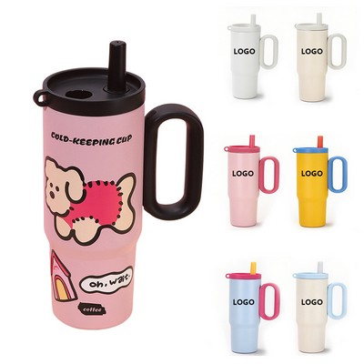 25 OZ Double Walls Stainless Steel Auto Tumbler With Straw And Handle