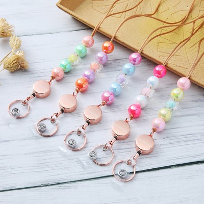 Colorful Plastic Mixed Color Bead Necklaces Retractable Lanyard Id Badge Strap